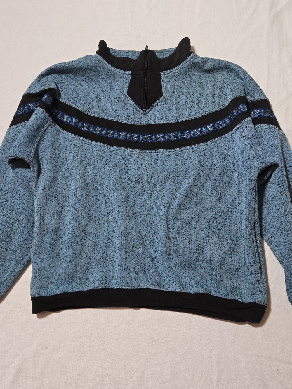 Vintage Blue Zip-Up Sweater with Black Trim and Geometric Band